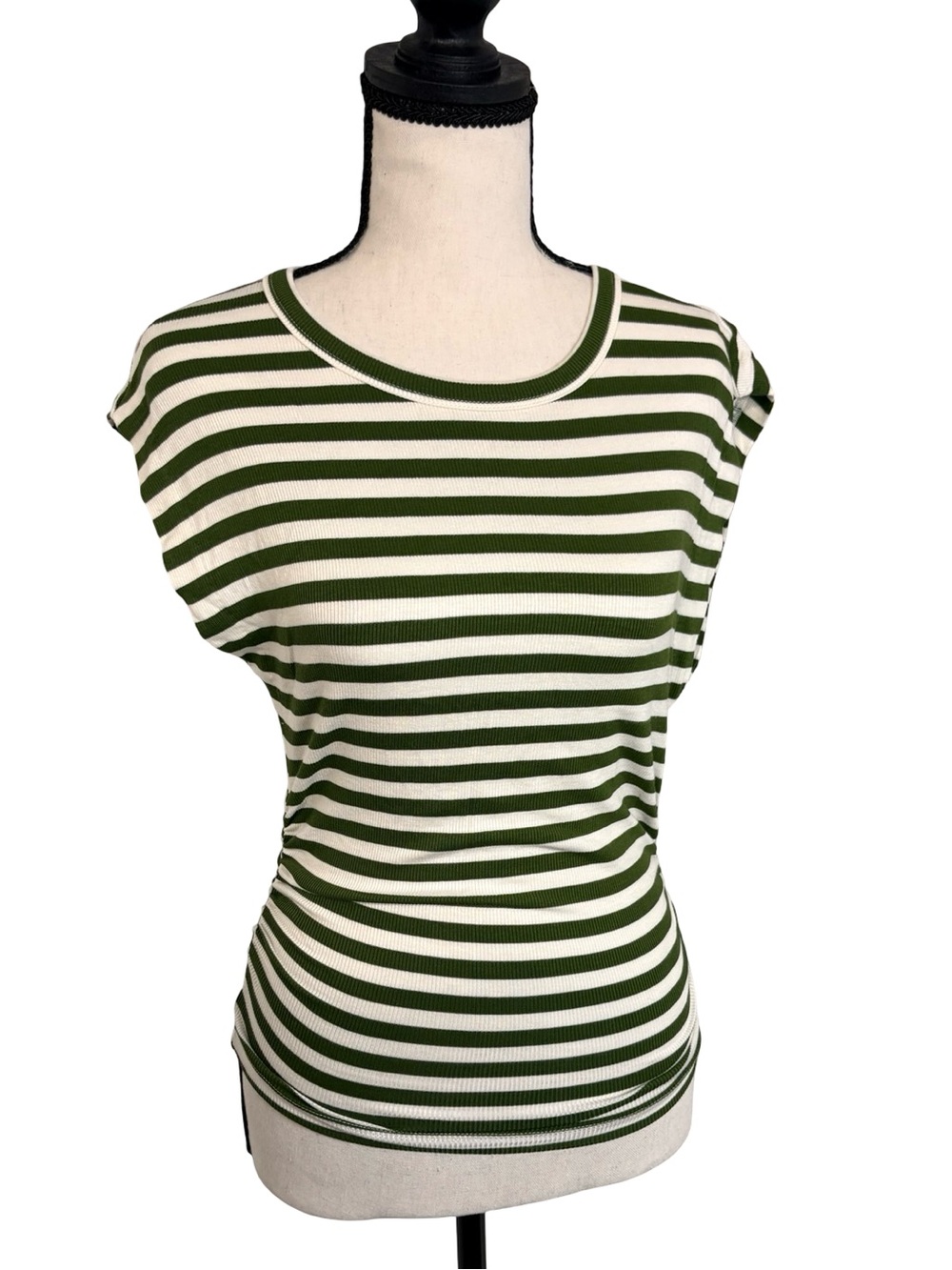 Michel Stars Joni Green Stripe Ruched Power Shoulder Top BNWT XS